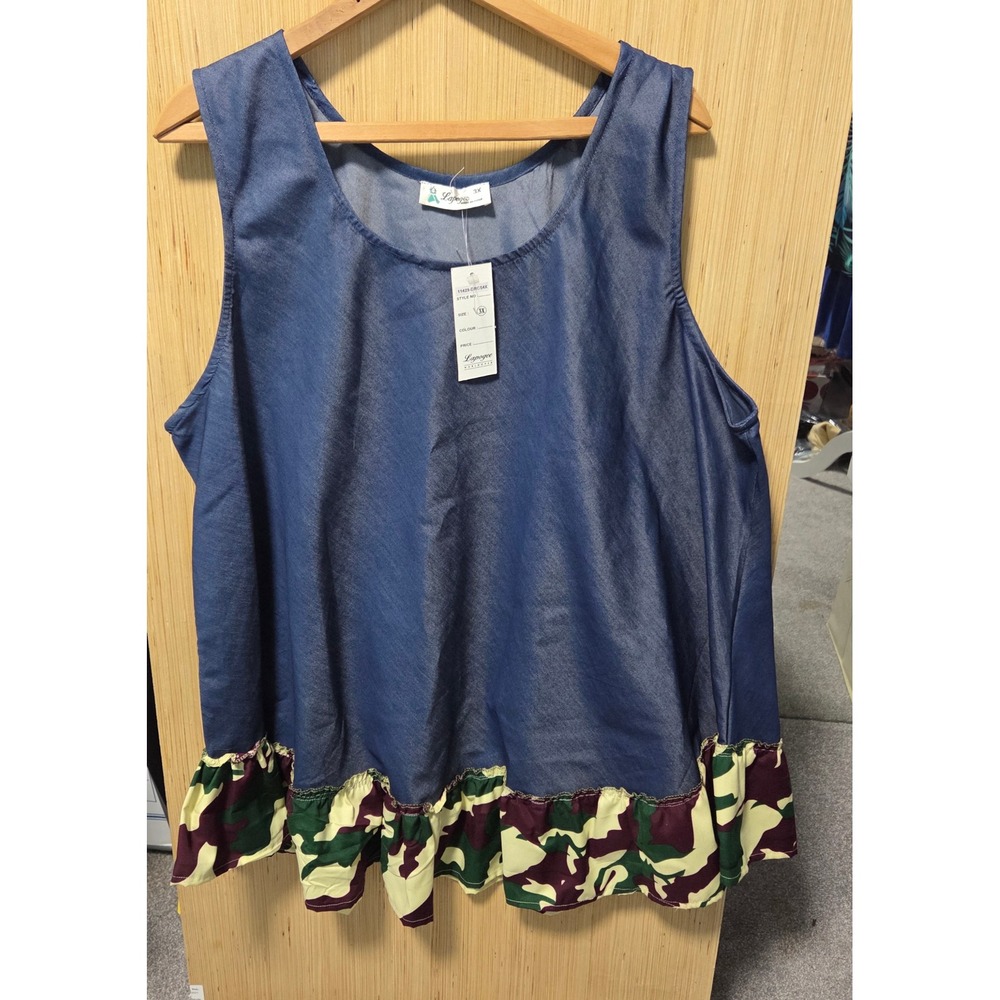 Lapogee Denim Tank Top Camo Ruffle Hem Sleeveless Casual Blouse 3X